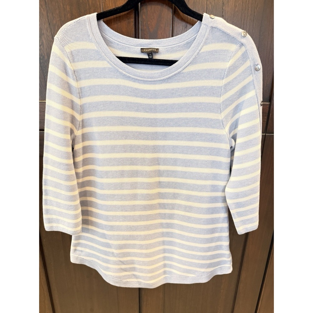 Talbots Sweater Womens Medium Blue White Striped Knit Pullover Dec Buttons